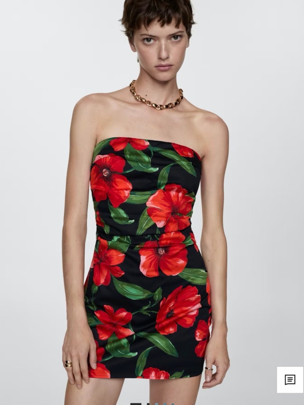 Mango Strapless Black Mini Dress with Red Floral Print
